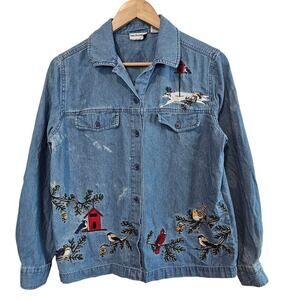 Vintage Breckenridge Christmas Blouse Women Small Denim Button Birds Snow Winter